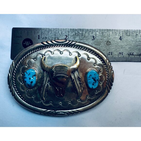 Tommy Moore Sterling Silver & 12K GF Belt Buckle Turquoise & Bull Head Design - Picture 3 of 6